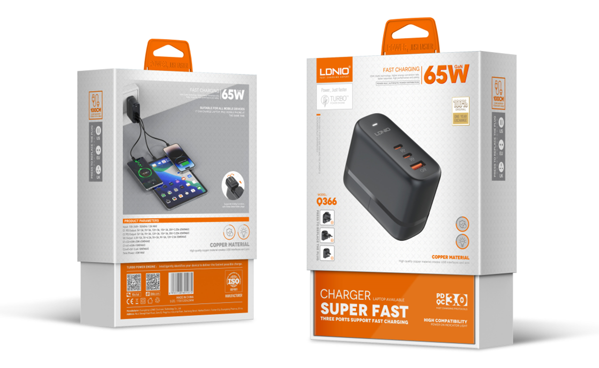 Q366 | ldnio 65W GaN travel Supper Fast Charger with 3 Plug | LDNIO EGYPT